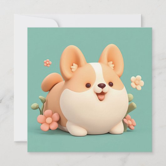 コーギーの子犬 3D クレイ風 花畑 ポストカード (正面)