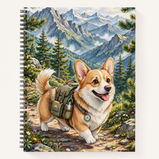 コーギーの山ハイキング ウォーターカラー ノートブック (正面)