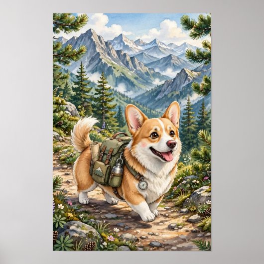 コーギーの山ハイキング ウォーターカラー ポスター (正面)