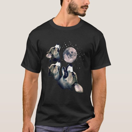 コーギーの月とオオカミのパロディ3匹 Tシャツ (正面)
