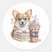 コーギーの本といれたてのコーヒーと犬 ラウンドシール (正面)