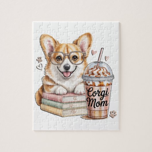 コーギーの本とアイスコーヒーと犬 ジグソーパズル (縦)
