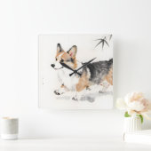 コーギーの水彩画 - 幻想的な日本墨絵の犬アート スクエア壁時計 (ホーム)
