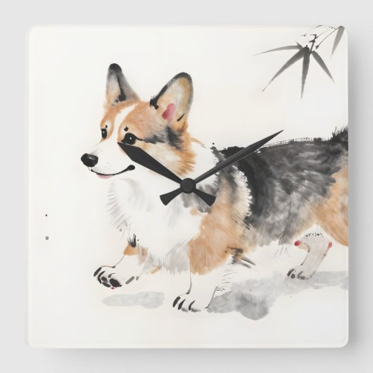 コーギーの水彩画 - 幻想的な日本墨絵の犬アート スクエア壁時計 (正面)