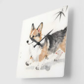 コーギーの水彩画 - 幻想的な日本墨絵の犬アート スクエア壁時計 (傾斜)