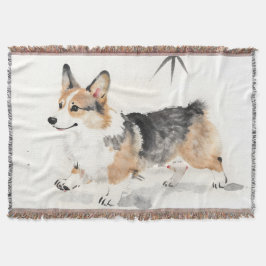 コーギーの水彩画 - 幻想的な日本墨絵の犬アート スローブランケット