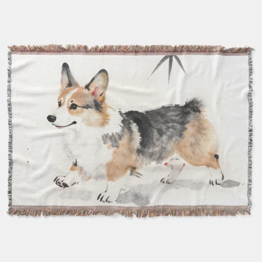 コーギーの水彩画 - 幻想的な日本墨絵の犬アート スローブランケット (正面)