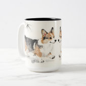 コーギーの水彩画 - 幻想的な日本墨絵の犬アート ツートーンマグカップ (正面左)