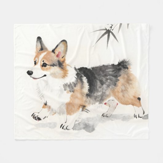 コーギーの水彩画 - 幻想的な日本墨絵の犬アート フリースブランケット (正面(横))