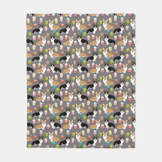 コーギーの泡茶-三および赤いコーギー-灰色 フリースブランケット (正面)