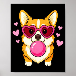 コーギーの犬がピンクのガムを吹いてかわいいハートを飛ばす ポスター