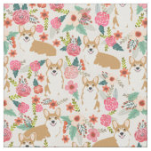 コーギーの花の生地-クリーム ファブリック (クローズアップ)