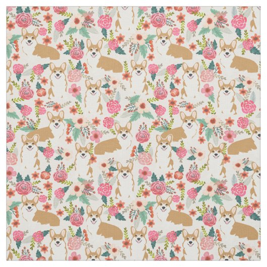 コーギーの花の生地-クリーム ファブリック (見本)