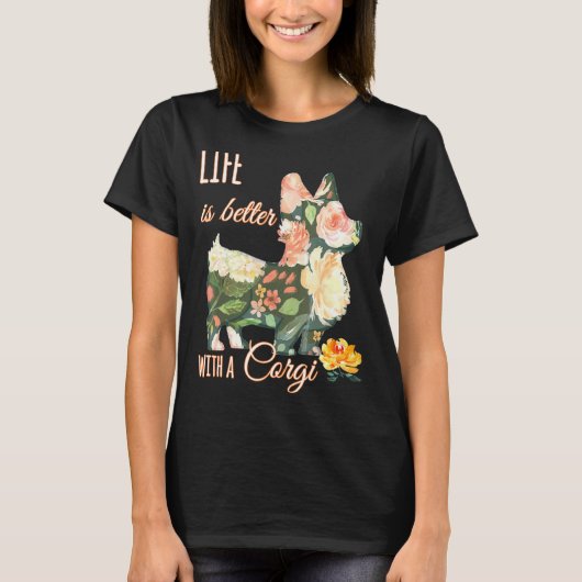 コーギーの花柄で彩る人生はもっと素敵 Tシャツ (正面)