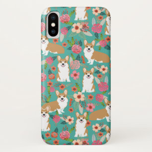 コーギーの花模様のiPhoneの場合-ターコイズ iPhone X ケース