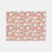 コーギーの花模様毛布-ピンク フリースブランケット (正面(横))