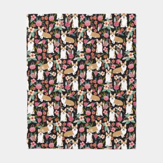 コーギーの花模様毛布-黒 フリースブランケット (正面)