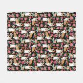 コーギーの花模様毛布-黒 フリースブランケット (正面(横))