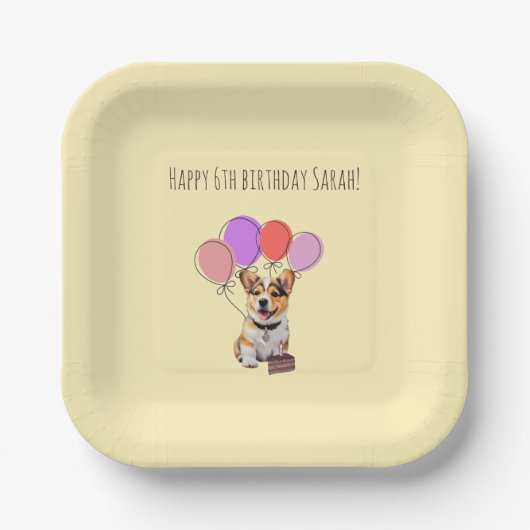 コーギーの誕生日お祝い バターイエロー ペーパープレート (正面)