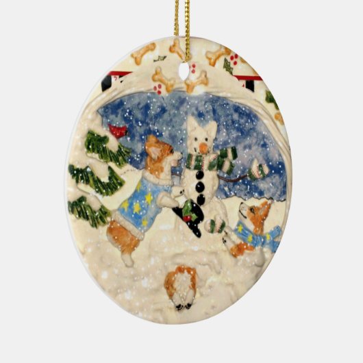 コーギーの雪だるまのオーナメント セラミックオーナメント (右)