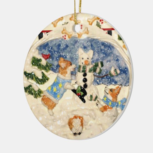 コーギーの雪だるまのオーナメント セラミックオーナメント (左)