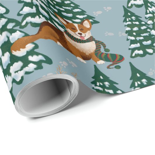 コーギーは森林青のクリスマスツリーを飾ります ラッピングペーパー (ロールコーナー)
