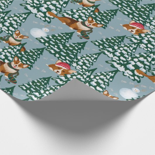 コーギーは森林青のクリスマスツリーを飾ります ラッピングペーパー (角)