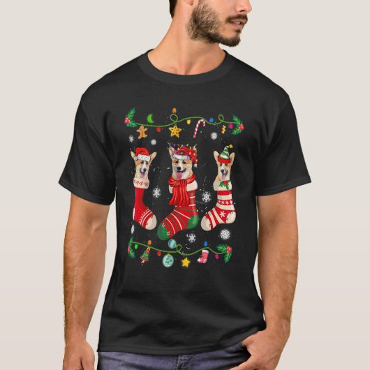 コーギークリスマスソックス クリスマス ドッグ Tシャツ (正面)
