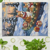 コーギークリスマスボートホリデー キッチンタオル (折り畳み)