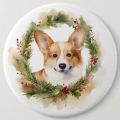 コーギークリスマスリース クリスマスの仔犬 缶バッジ (正面)