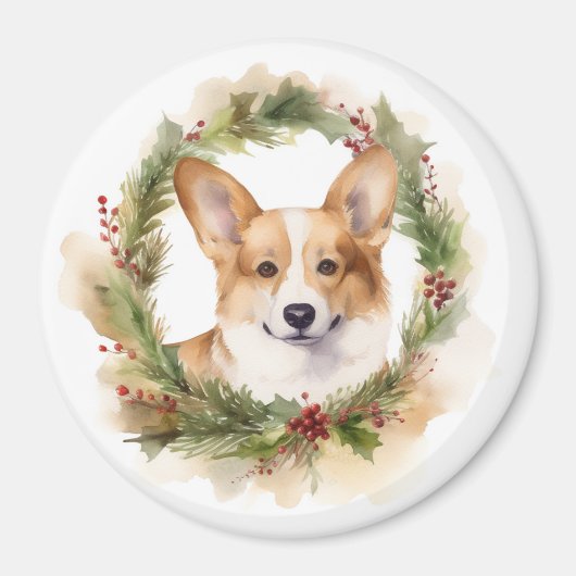 コーギークリスマスリース 幸せな仔犬 マグネット (正面)