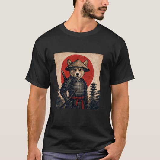 コーギーサムライ浮世絵犬好き Tシャツ (正面)