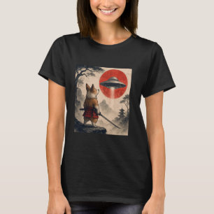 コーギーサムライUFOヴィンテージ浮世絵ドッグラブ Tシャツ
