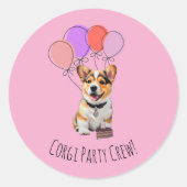 コーギーパーティクルーのピンクの可愛いコーギーの誕生日 ラウンドシール (正面)