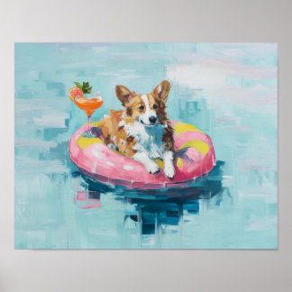 コーギープールフロートアートプリント: 夏の犬の壁飾り ポスター