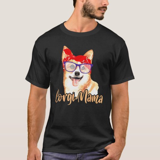 コーギーママ母さんママ赤マフラー眼鏡パウズ犬 Tシャツ (正面)