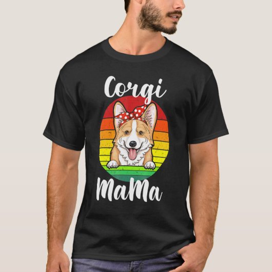 コーギーママ母レッド水玉レトロ虹犬 Tシャツ (正面)
