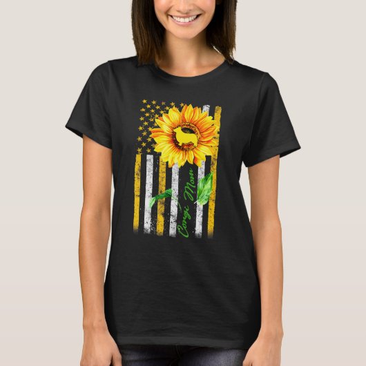 コーギーママ ひまわり アメリカ国旗 犬 Tシャツ (正面)