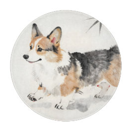コーギー水彩画 - 日本の墨絵風イラスト カッティングボード
