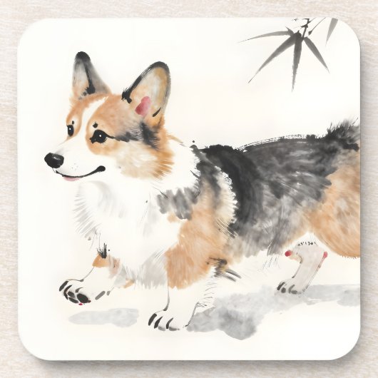 コーギー水彩画 - 日本の墨絵風イラスト コースター (正面)