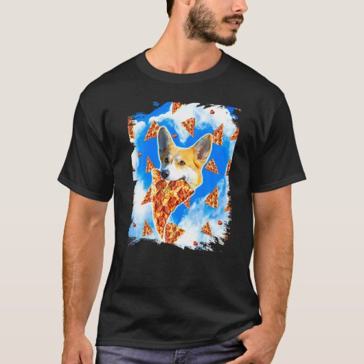 コーギー犬がピザを食べる愛ハート雲 Tシャツ (正面)
