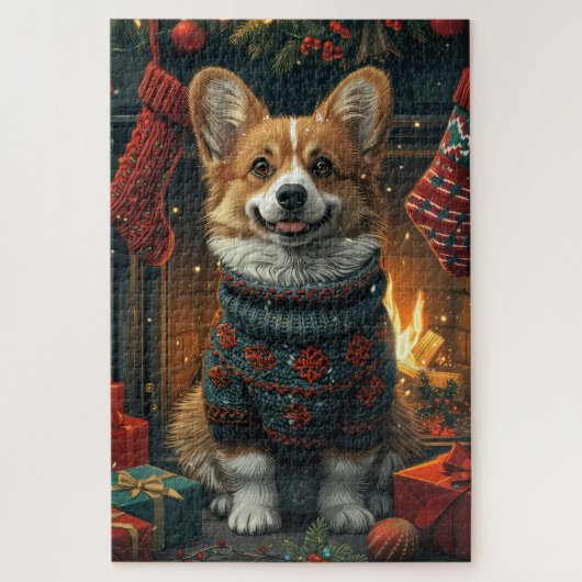 コーギー犬とクリスマスプレゼントの暖炉 ジグソーパズル (縦)