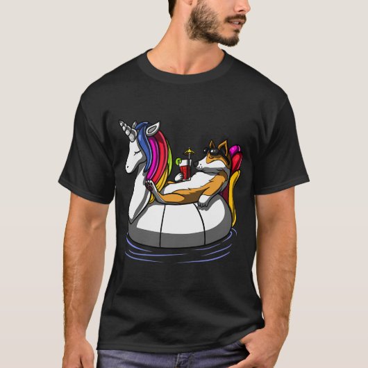 コーギー犬に乗るユニコーンのフロート Tシャツ (正面)