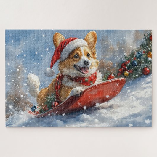 コーギー犬のそり乗り 雪を降らせて クリスマス ジグソーパズル (横)