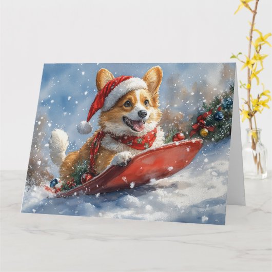 コーギー犬のそり乗り Let it Snow クリスマス カード (黄色い花)