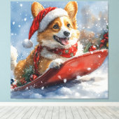 コーギー犬のそり乗り Let it Snow クリスマス キャンバスプリント (インサイチュ (ウッドフロア))