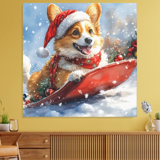 コーギー犬のそり乗り Let it Snow クリスマス キャンバスプリント (インサイチュ (リビング))