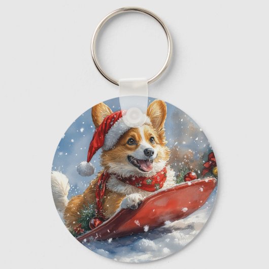 コーギー犬のそり乗り Let it Snow クリスマス キーホルダー (正面)