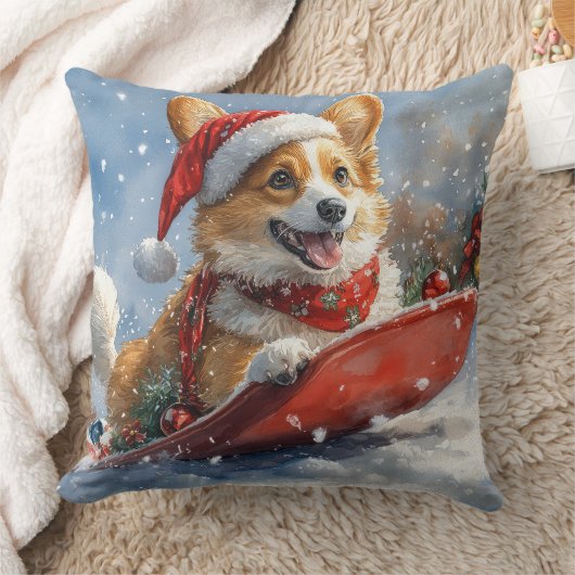 コーギー犬のそり乗り Let it Snow クリスマス クッション (ブランケット)