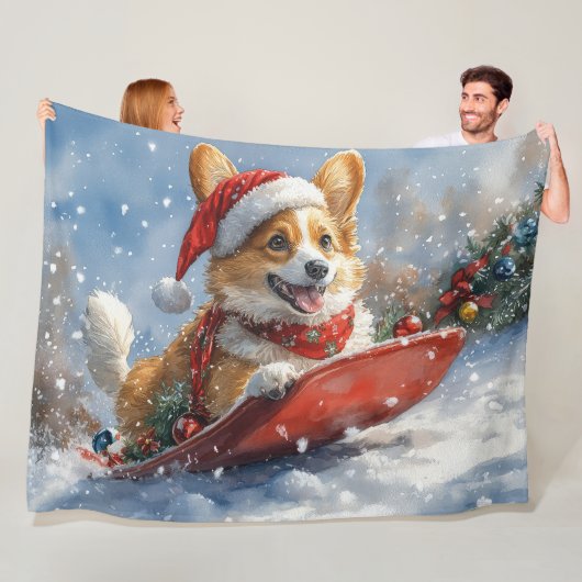 コーギー犬のそり乗り Let it Snow クリスマス フリースブランケット (インサイチュ)
